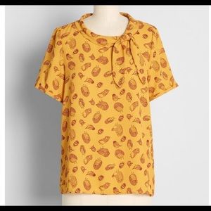 ModCloth Curry Owl Sketch Recycled Fabric Tie Neck Blouse